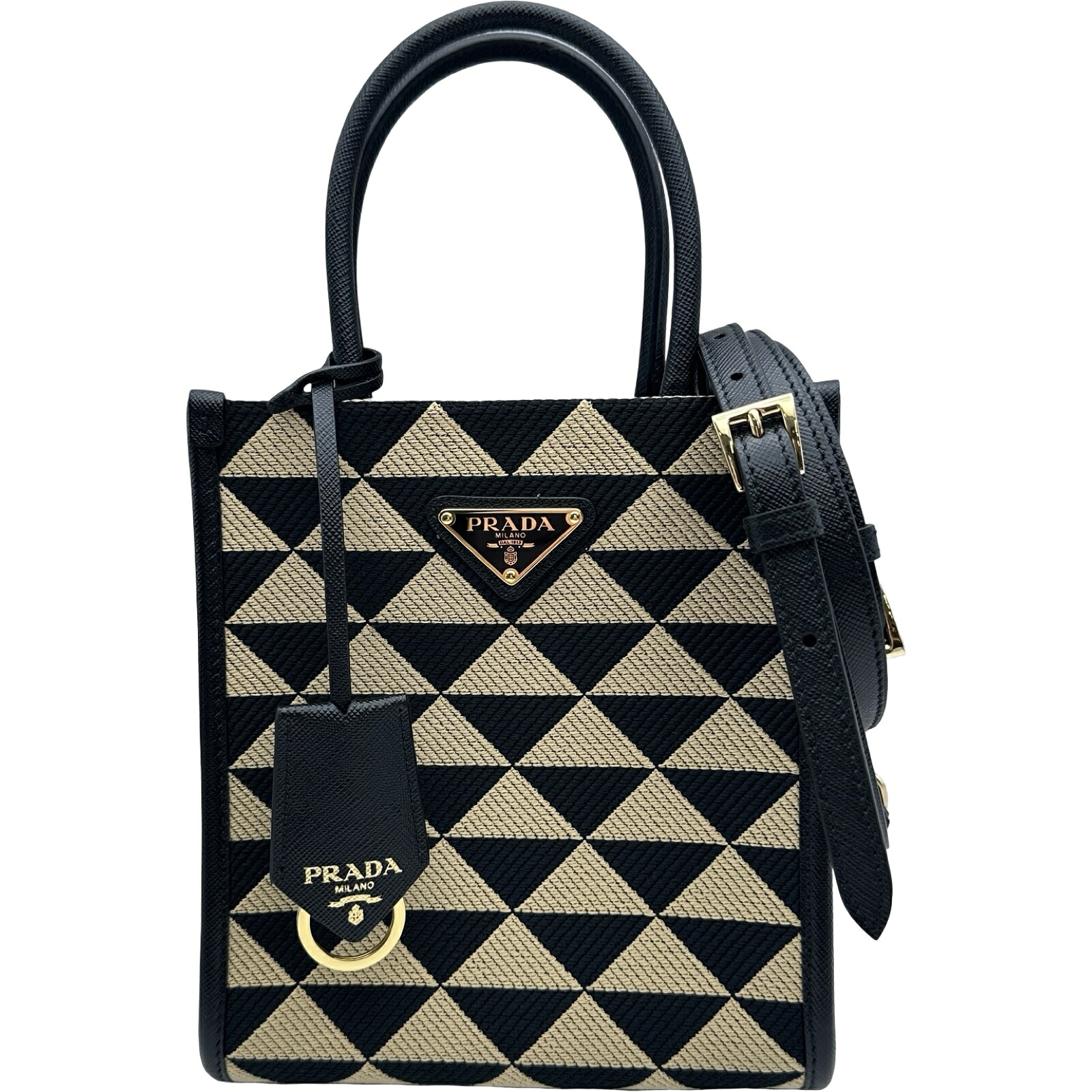 プラダ PRADA シンボルミニバッグ 1BA355 ベージュ/黒いこと 帆布 レディース ハンドバック【中古】