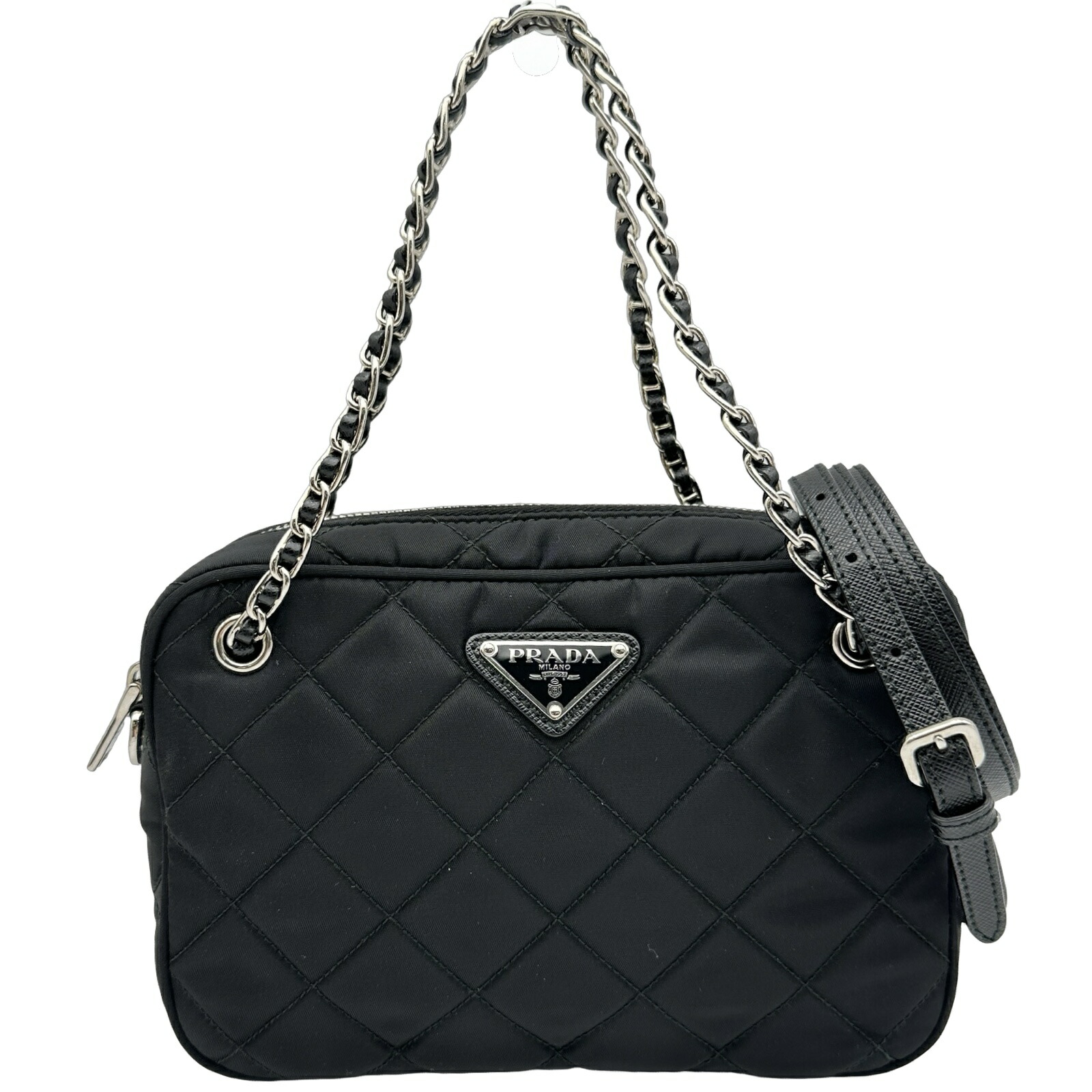 プラダ PRADA インプントゥスモールバッグ 1BH910 黒いこと しろがね色金具 ナイロン レディース ハンドバック【中古】