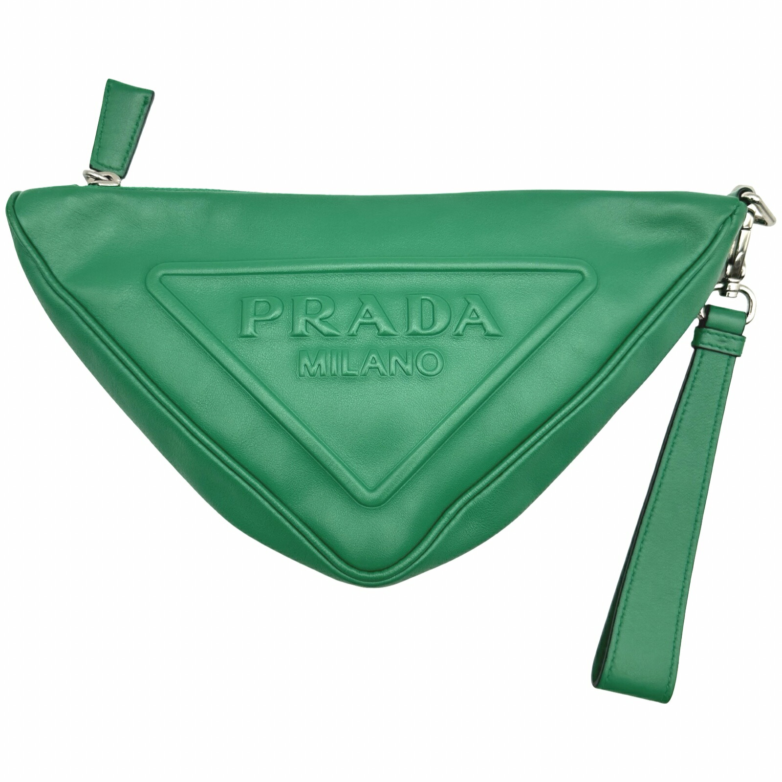 プラダ PRADA トライアングルロゴ クラッチ 2NE054 グリーン レザー レディース クラッチバッグ【中古】｜OKURA（おお蔵）店