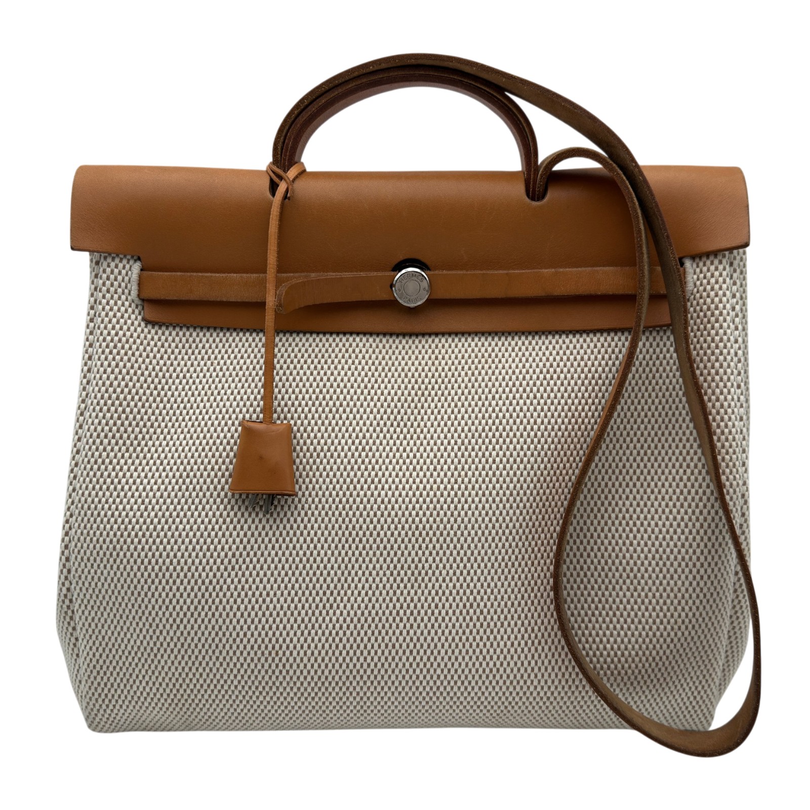 エルメス HERMES 叫び泣き御徒面子MM □H刻 ベージュ/ゴールド トワル/なめし革 レディース ショルダーバッグ【中古】