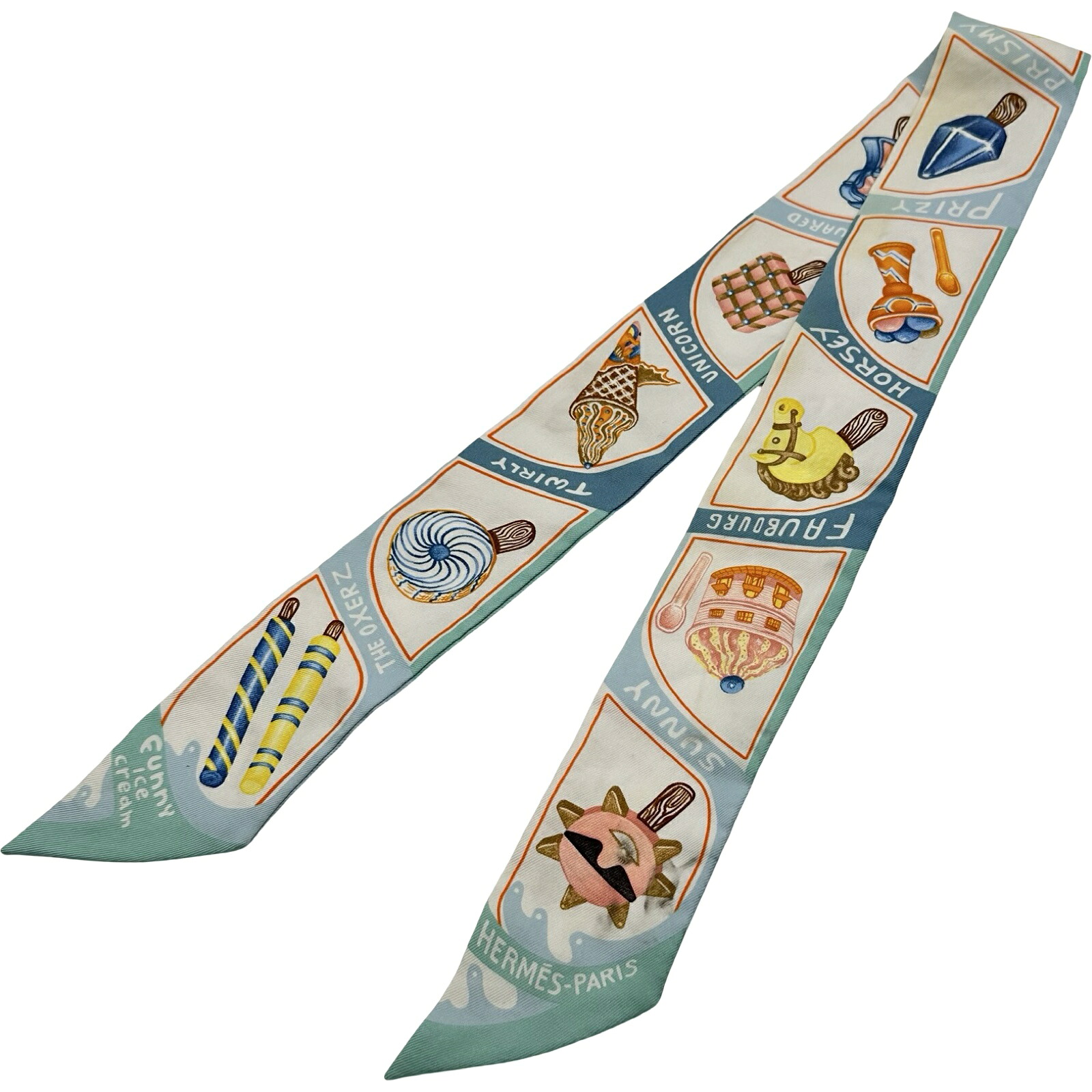 エルメス HERMES ツイロバート・エドワード・リー FUNNY ICECREAM 白いこと/ともし火青み 地絹 レディース えり巻き【中古】