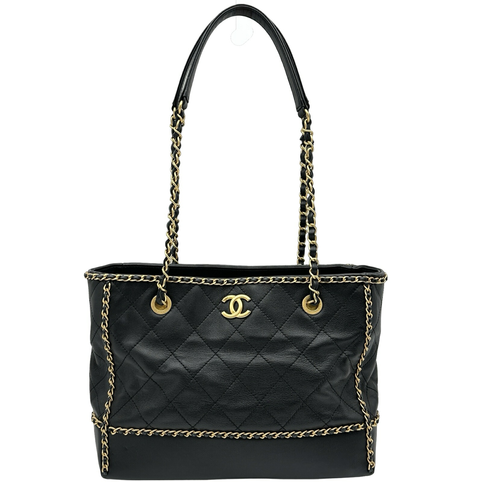 シャネル CHANEL ココマークチェーンラウンドトート AS2739 黒いこと ゴールド金具 子ウシ レディース トートバッグ【中古】