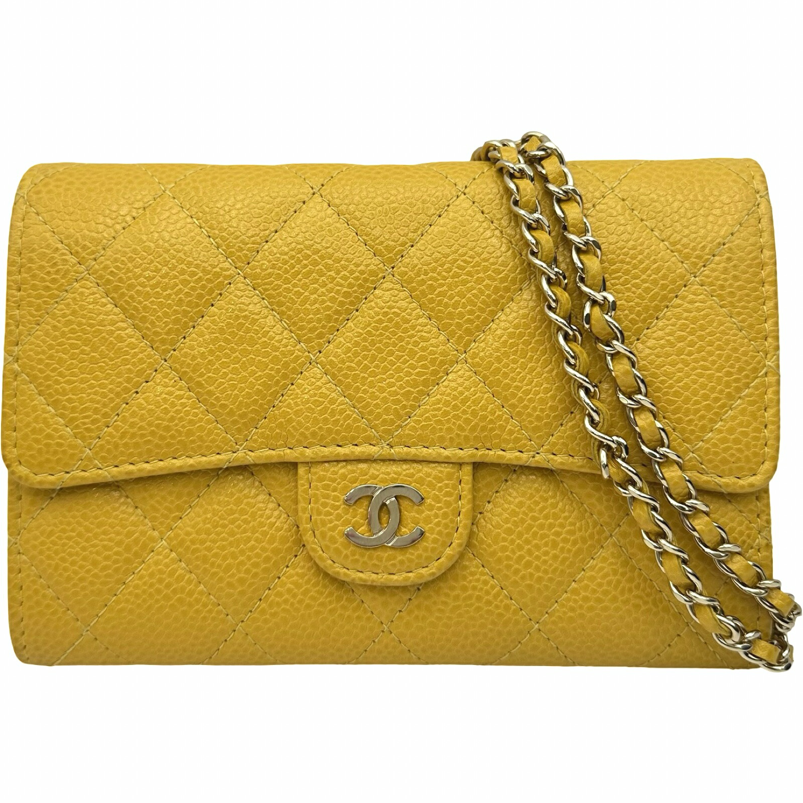 シャネル CHANEL マトラッセチェーンウォレット 黄色 ゴールド金具 キャビア レディース ショルダーバッグ【中古】