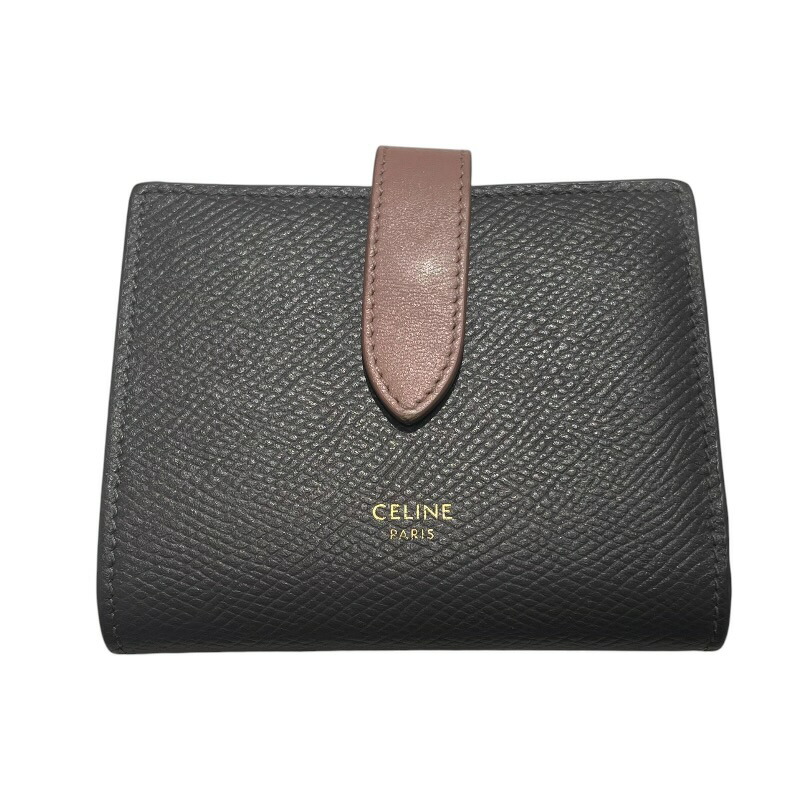 セリーヌ CELINE スモールストラップ ウォレット 10H263BRV 薄墨色、さくら色 なめし革 レディース 二つ折り紙入れ【中古】
