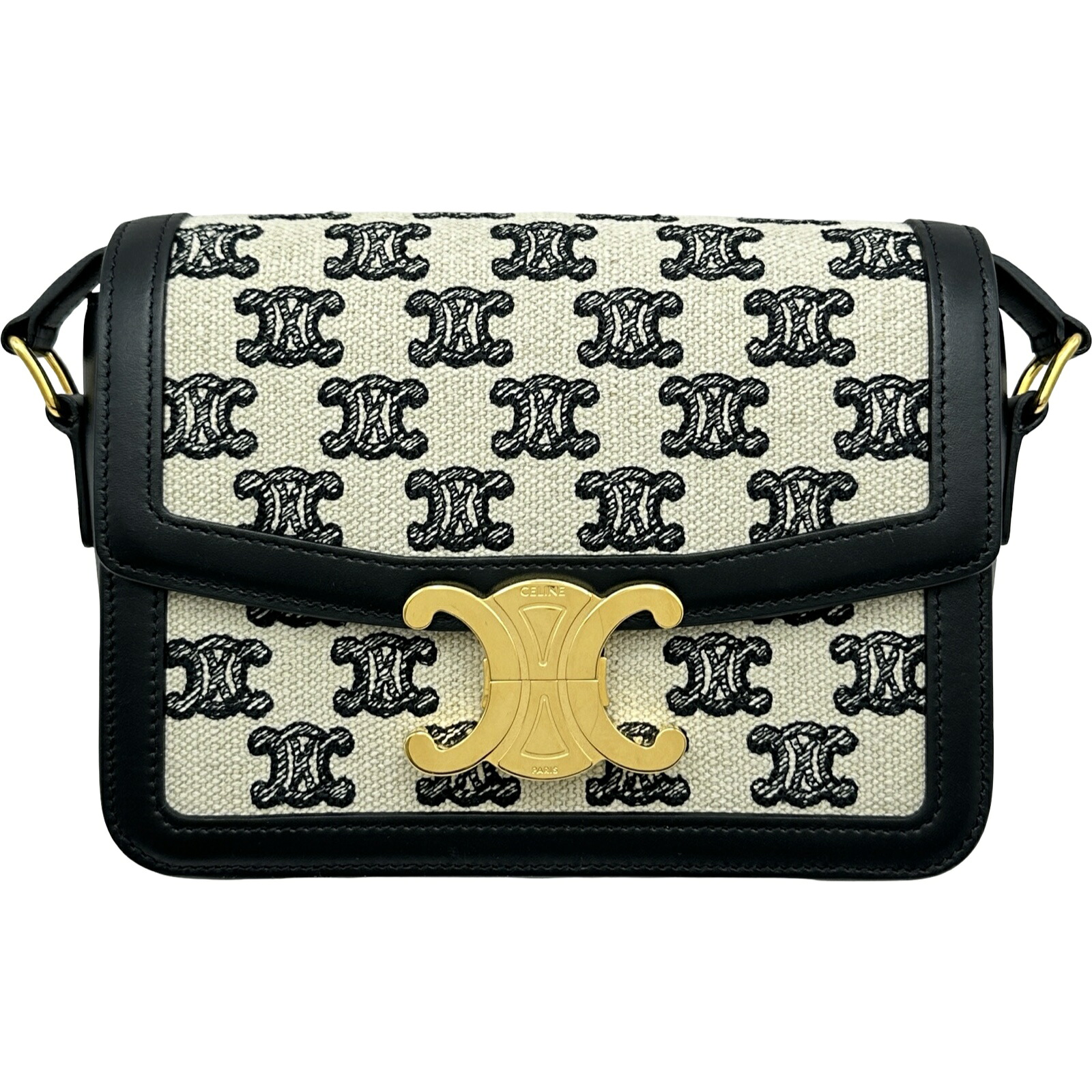 セリーヌ CELINE ティーントリオンフ 188882 ブラック キャンバス/レザー レディース ショルダーバッグ【中古】｜OKURA（おお蔵）店