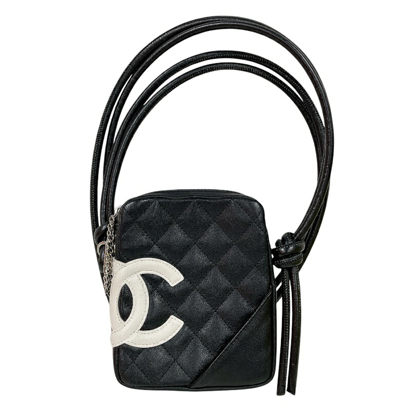 シャネル CHANEL ガンボンラインショルダーバッグ　ミニ A25177 ブラック/ホワイト/シルバー金具 レザー レディース ショルダーバッグ【中古】｜OKURA（おお蔵）店