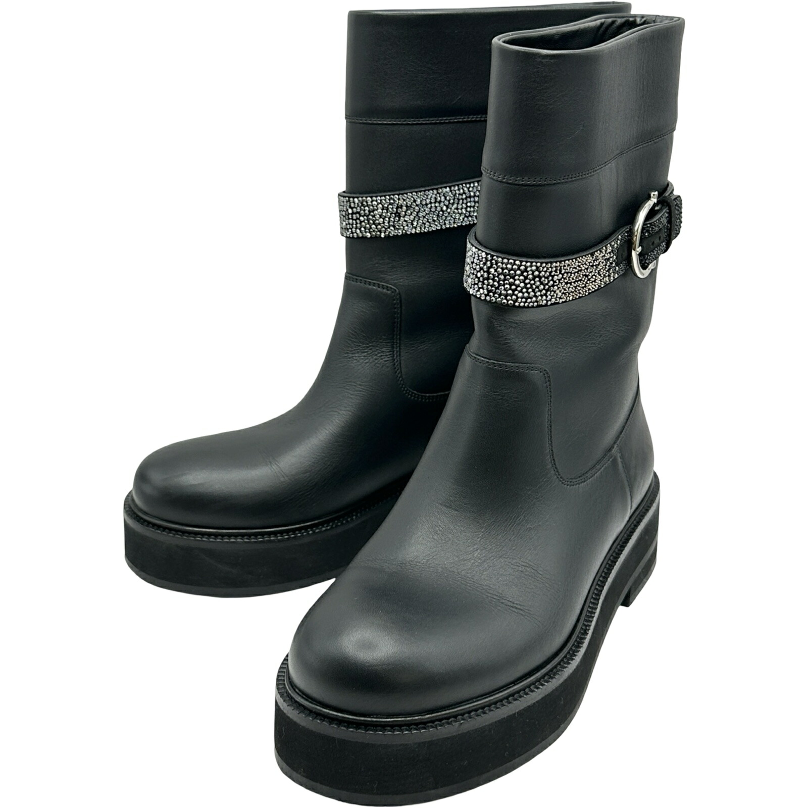 サルヴァトーレ・フェラガモ Salvatore Ferragamo ラインストーン装飾レザーショートブーツ ブラック レザー レディース ブーツ【中古】|OKURA(おお蔵)店