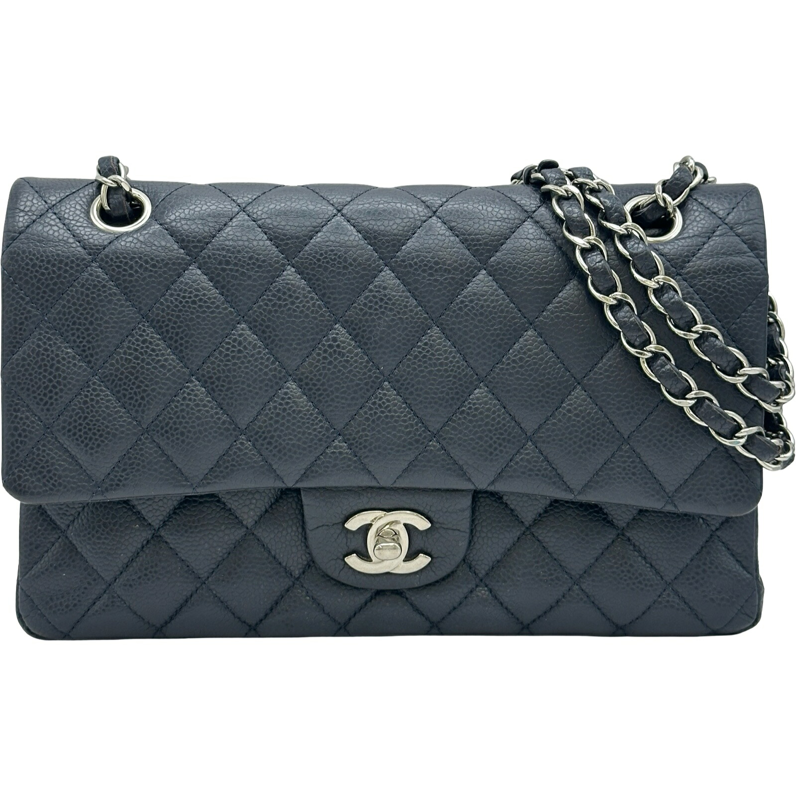 シャネル CHANEL マトラッセ25 A01112 18番台 ネイビー/シルバー金具 キャビアスキン レディース ショルダーバッグ【中古】｜OKURA（おお蔵）店