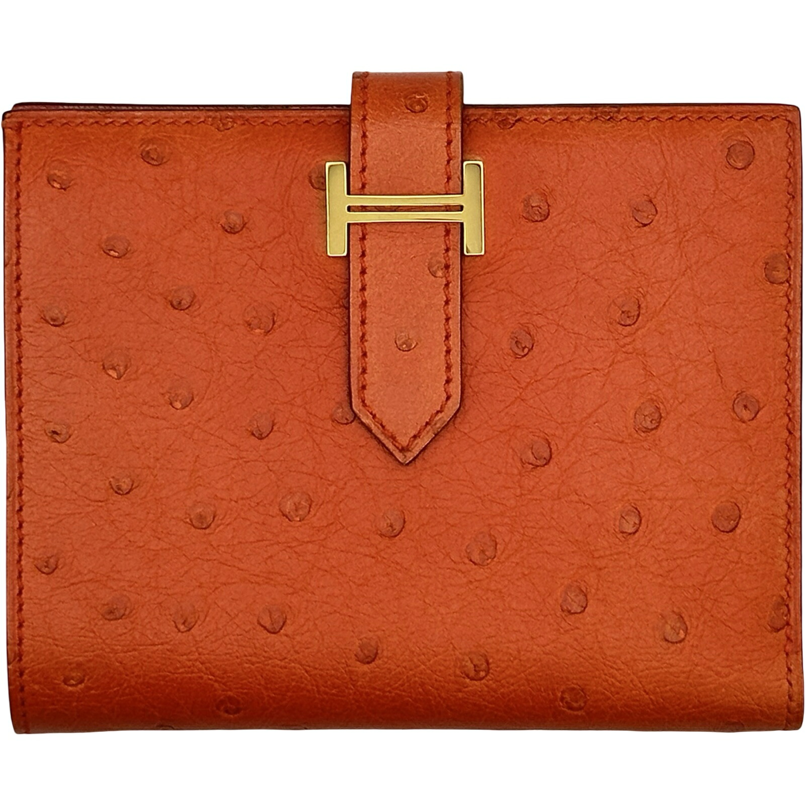 エルメス HERMES べアンコンパクト C刻印 タンジェリン/ゴールド金具 オーストリッチ レディース 二つ折り財布【中古】｜OKURA（おお蔵）店
