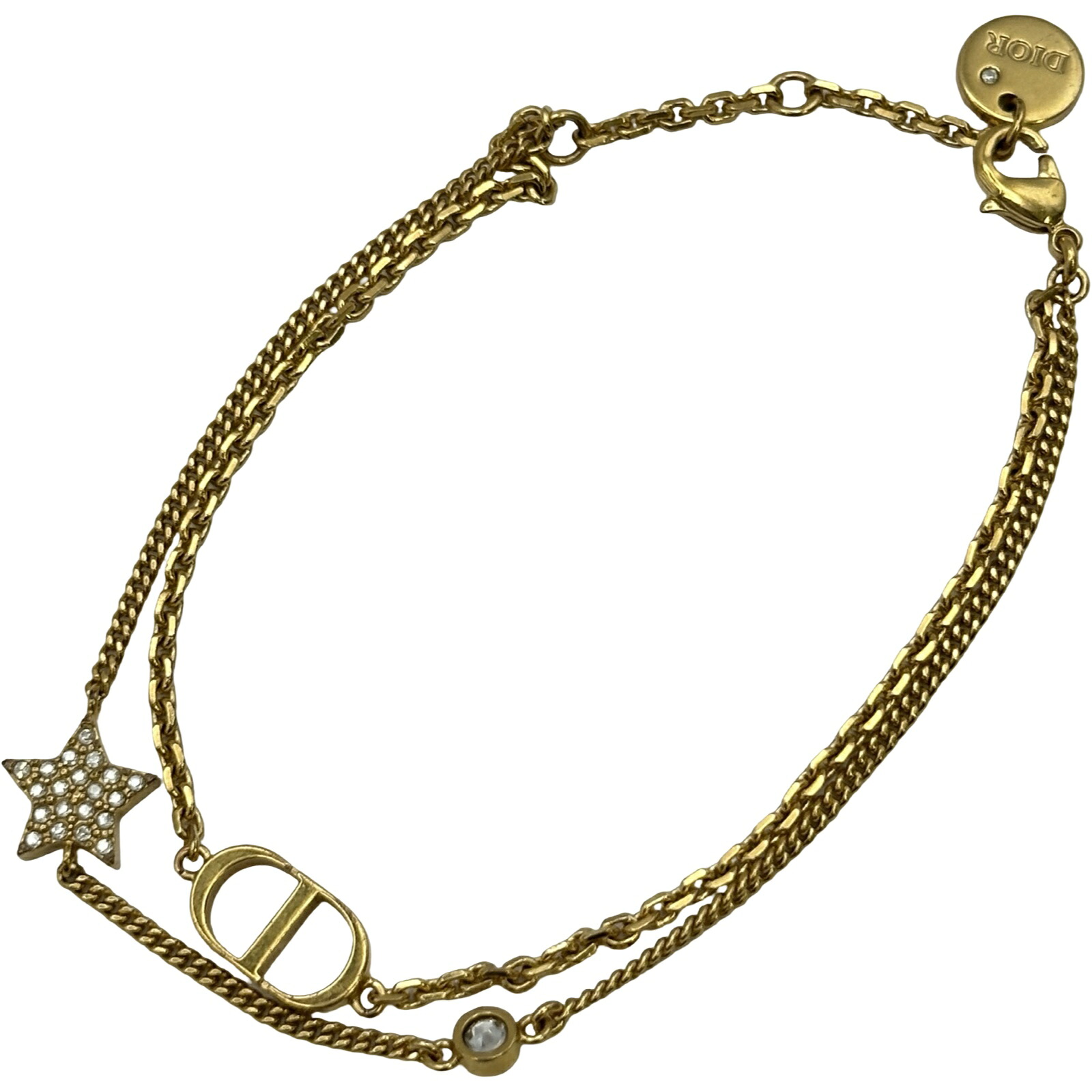 クリスチャン・ディオール Christian Dior Petit CD ダブルチェーンブレス ゴールド メタル/ラインストーン アクセサリー【中古】｜OKURA（おお蔵）店 46,000円