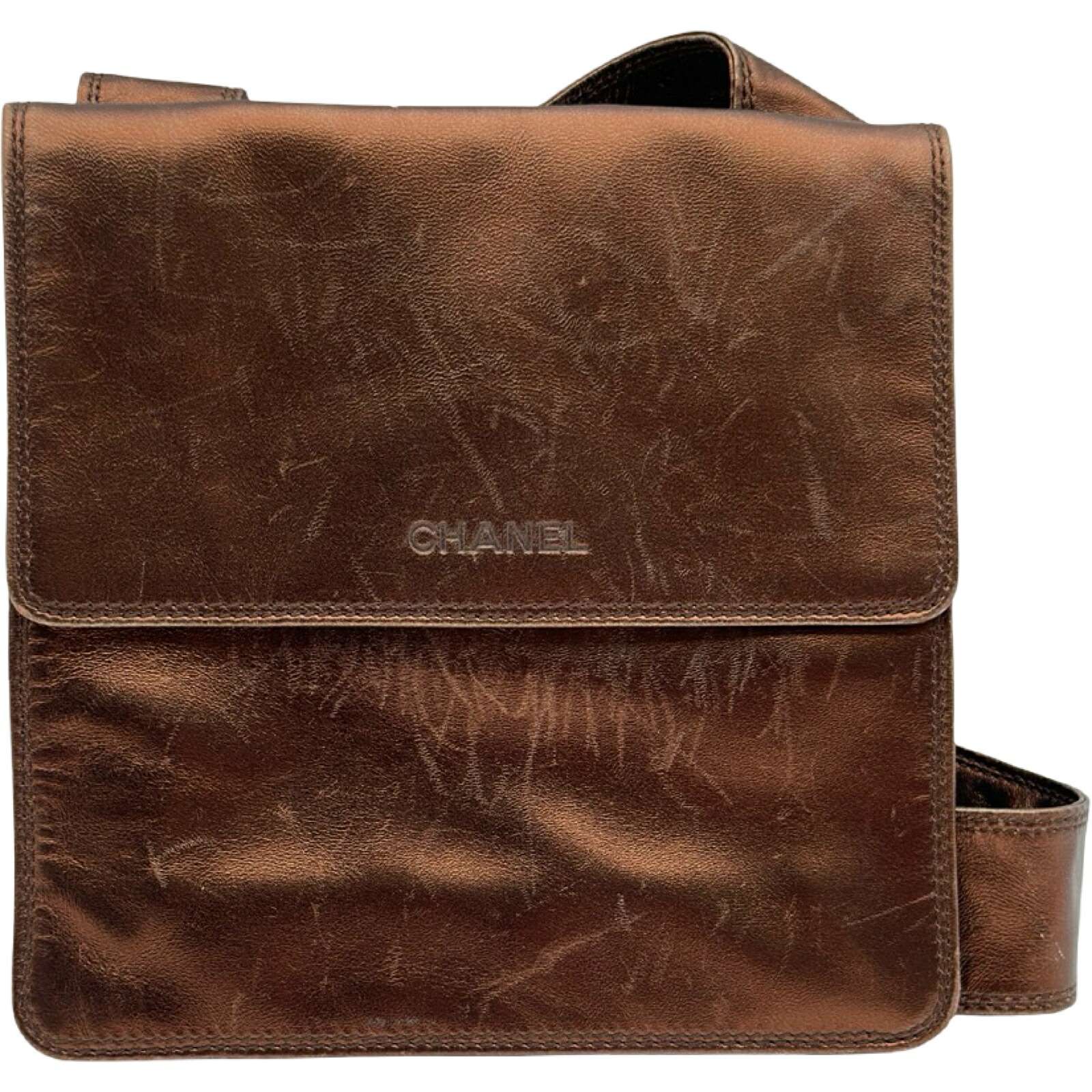 シャネル CHANEL ロゴショルダーバッグ A13144 5番台 ブロンズ メタリックラムスキン レディース クロスボディ【中古】|OKURA(おお蔵)店