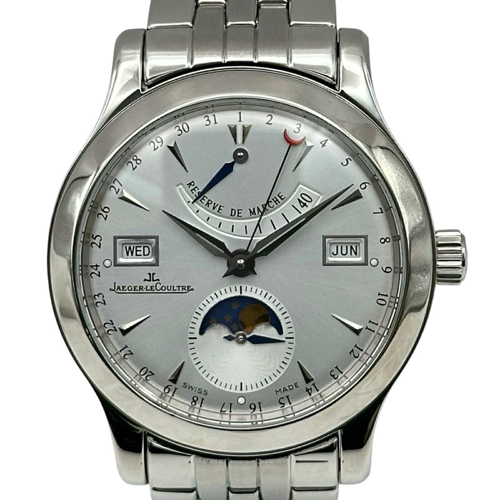 ジャガー・ルクルト JAEGER-LE COULTRE マスターカレンダー ムーンフェイズ Q151812A(147.8.41.S) シルバー ステンレススチール 自動巻き メンズ 腕時計【中古】｜OKURA（おお蔵）店 418,050円
