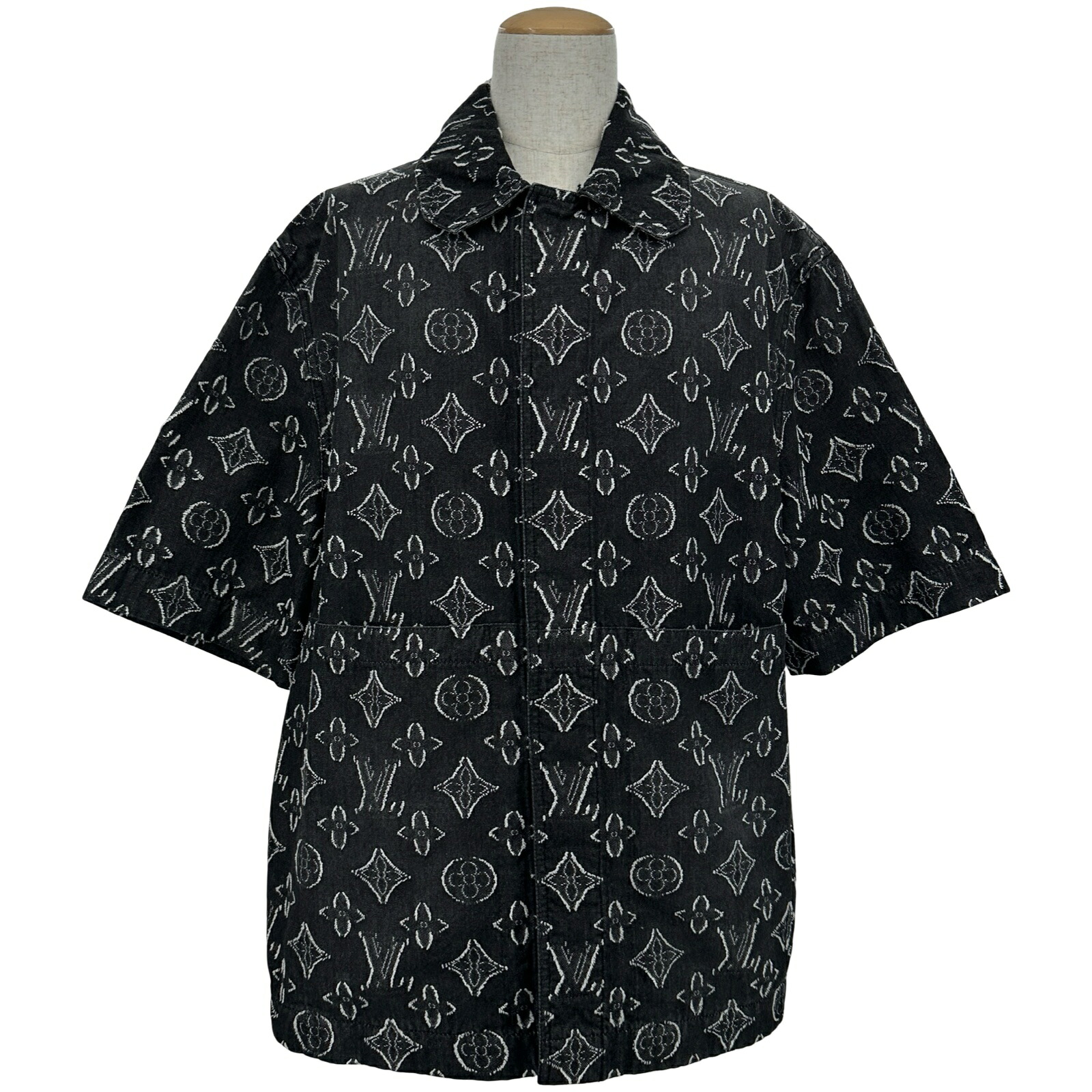 ルイ・ヴィトン LOUIS VUITTON モノグラム総柄デニム半袖シャツ HPS73W ブラック デニム メンズ 半袖シャツ【中古】|OKURA(おお蔵)店