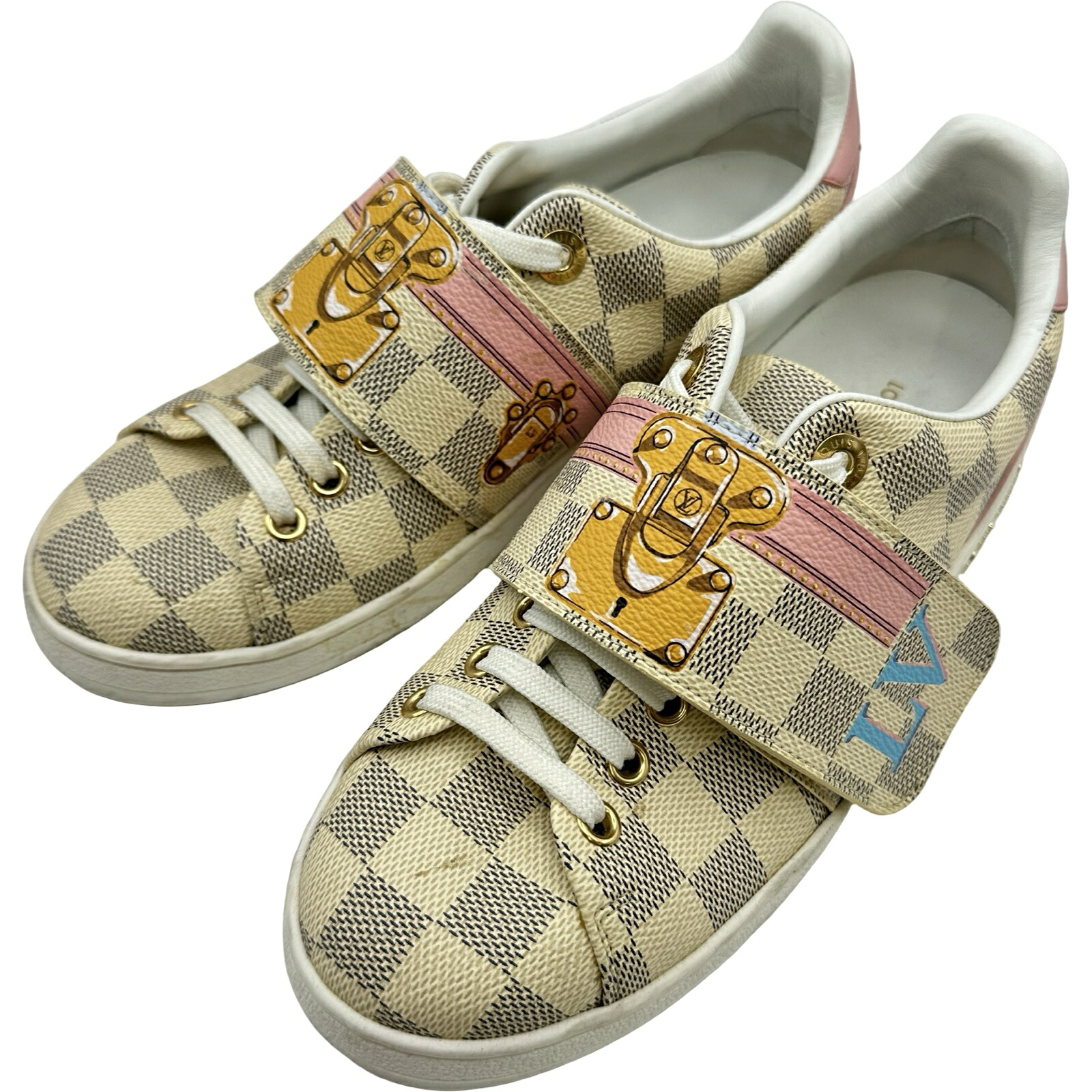 ルイ・ヴィトン LOUIS VUITTON フロントローライン ダミエアズールローカットスニーカー MS0128 クリーム キャンバス レディース スニーカー【中古】|OKURA(おお蔵)店