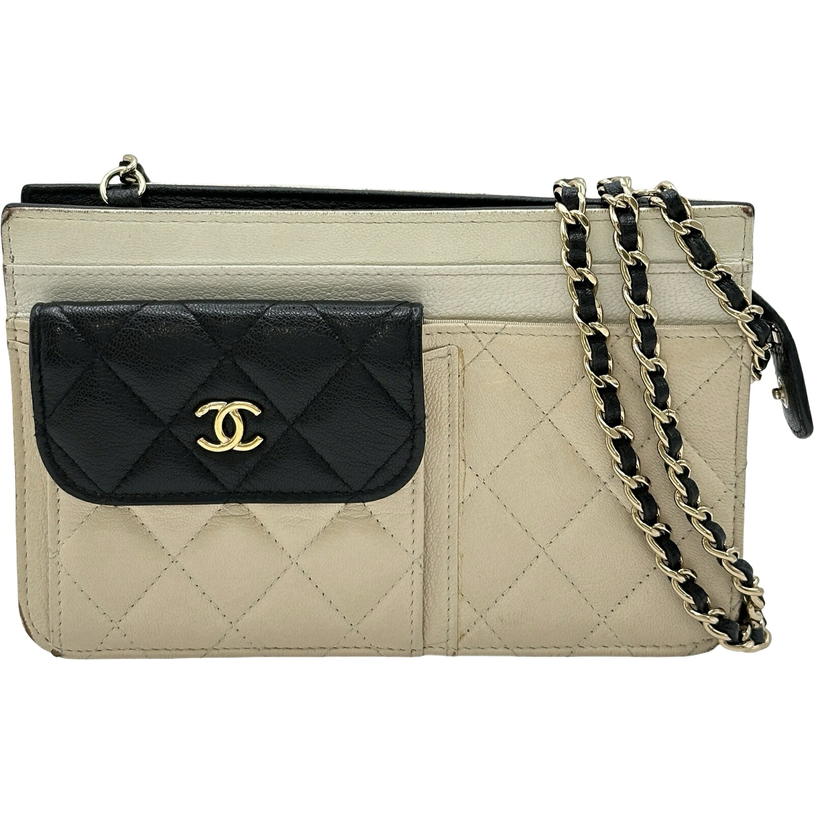 シャネル CHANEL マトラッセチェーンウォレット AP1138 アイボリー系/ブラック ゴートスキン レディース ショルダーバッグ【中古】｜OKURA（おお蔵）店