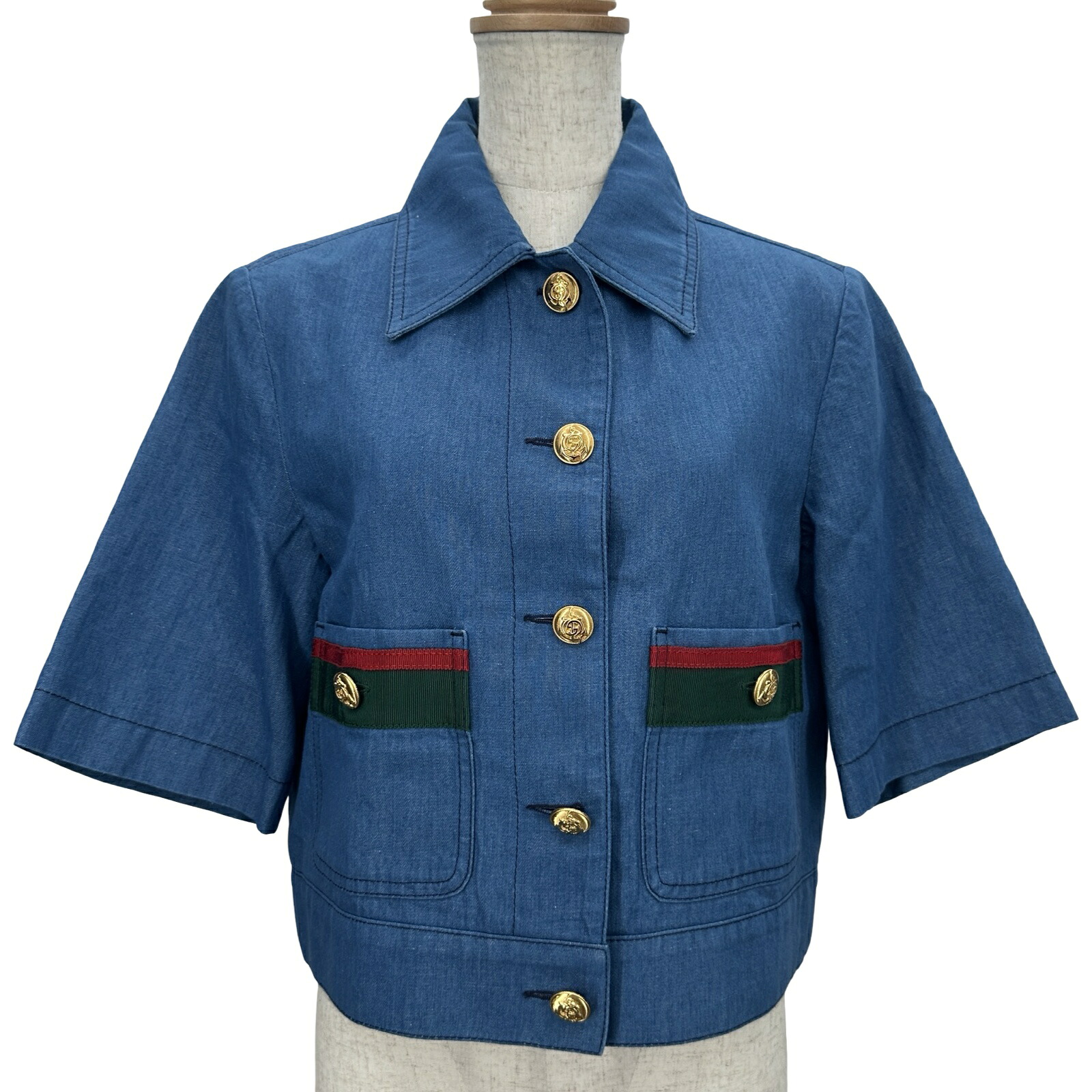グッチ GUCCI シェリーライン半袖デニムジャケット 748621 ブルー デニム レディース デニムジャケット【中古】｜OKURA（おお蔵）店