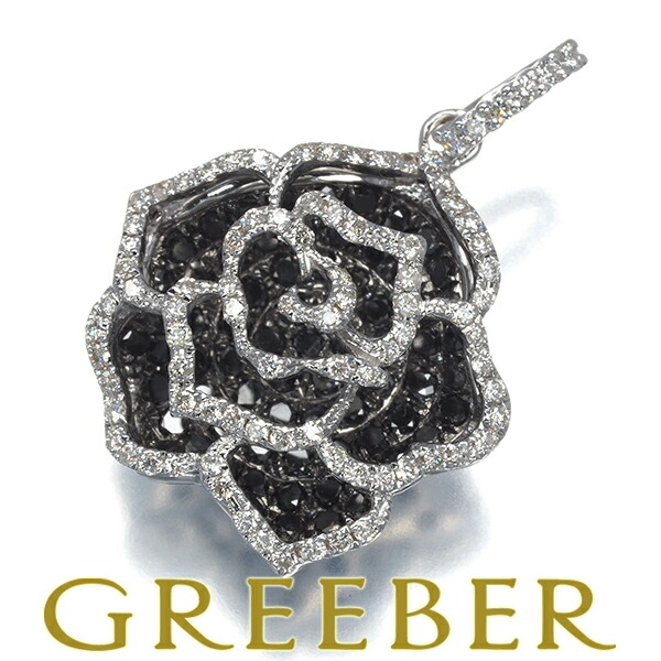 ブラック&クリアダイヤ ダイヤモンド 1.25ct 透かし 薔薇 ペンダント トップ K18WG Pendant【中古】GENJ