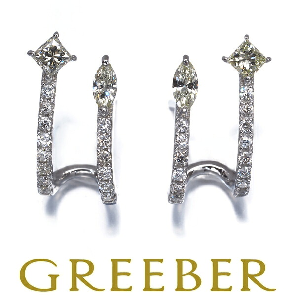 ライトイエロー&クリア ダイヤ ダイヤモンド 0.40ct/0.40ct プリンセス 3種カット ピアス Pt900 Pierce【中古】GENJ 53,880円