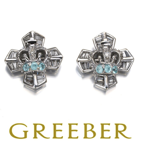 ★ポイント5倍対象商品★ 笠原真寿美 ピアス ダイヤ ダイヤモンド 0.42ct パライバトルマリン 0.08ct クラウン クロス K18WG Pierce【中古】BLJ