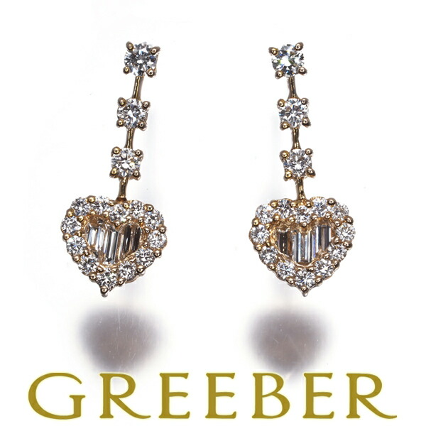 ダイヤ ダイヤモンド 2種カット ハート 揺れる ピアス K18YG/WG Pierce【中古】GENJ