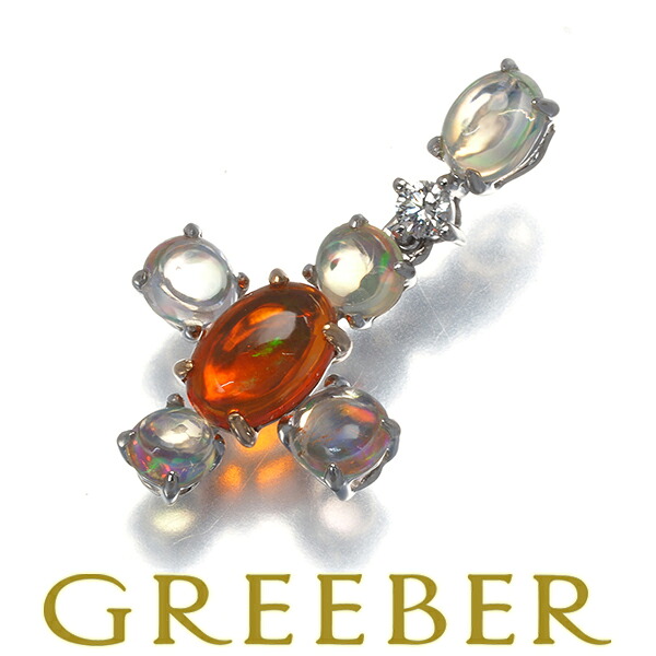 オパール 1.448ct ダイヤ ダイヤモンド 0.041ct クロス 揺れる ペンダント トップ K18WG Pendant【中古】GENJ
