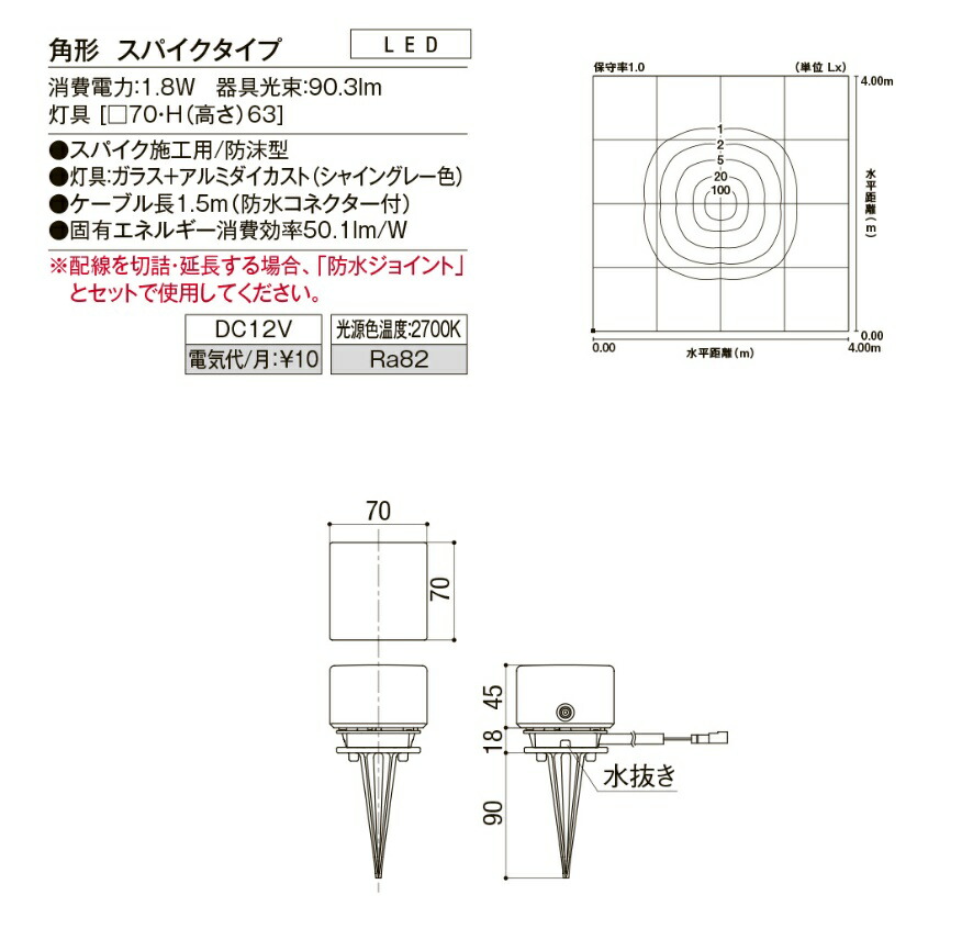 リクシル 12V 美彩 ローポールライト 角形／下配光型 スパイクタイプ