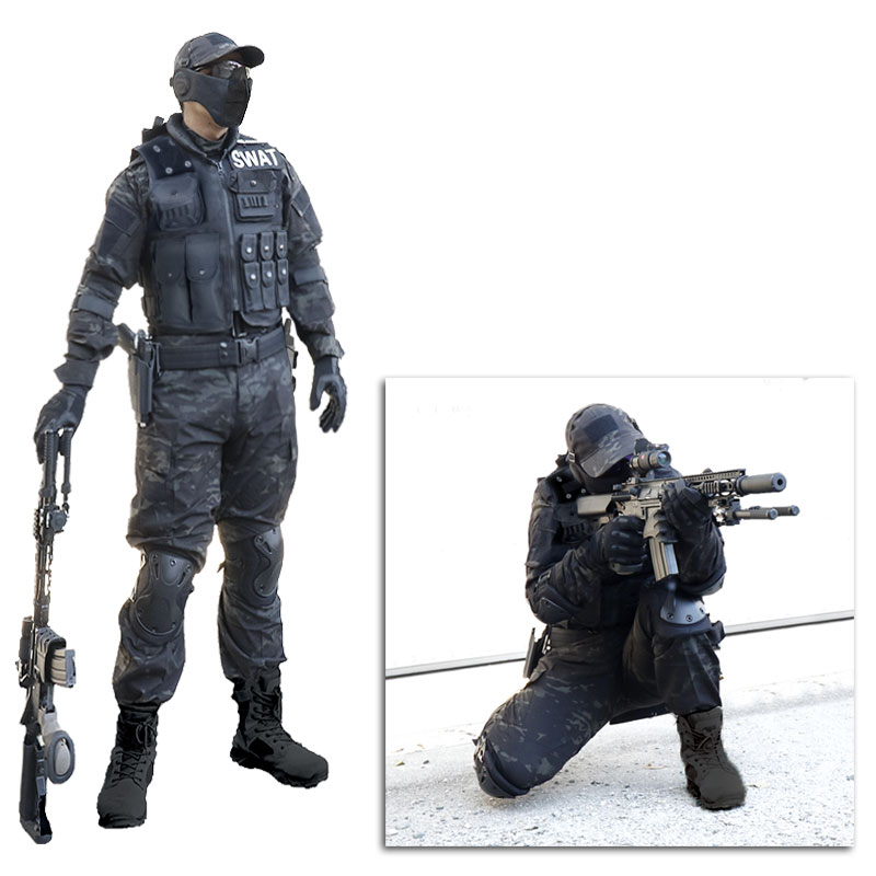 Swat マルチカムブラック Fbi 迷彩服 上下セット 装備 備品 ベスト 黒 グローブ マスク ホルスター ベルト ハロウィン ハロウィーン コスプレ サバイバルゲーム サバゲー 装備 服 服装 黒 スワット Fbi 特殊部隊 米軍 警察 メンズ 大きいサイズ サバゲーセット