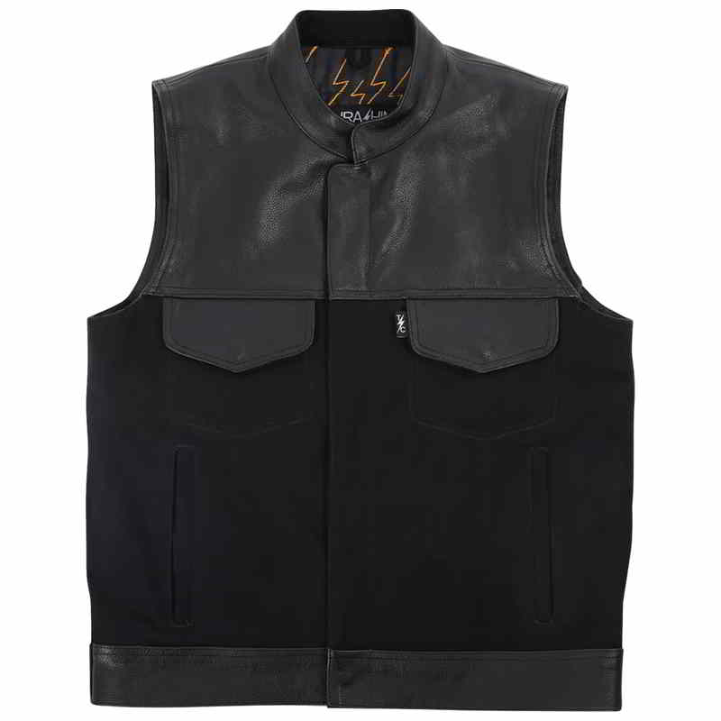 取寄せ カナン レザー/デニム ライディングベスト - ブラック - ミディアム スラッシン サプライ Kanan Leather/Denim Riding Vest - Black - Medium TMJ-13-09 DRAG 28208096