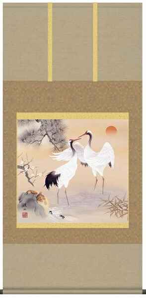 【お得クーポン配布中】掛軸/慶祝・縁起画/鶴亀/松竹梅鶴亀/伊藤渓山/三美会/正絹二丁本表装/尺八サイズ幅65×高さ145cm/桐箱畳紙収納/表装品質十年保証|プルメリアガーデン
