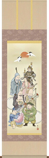 【お得クーポン配布中】掛軸/慶祝・縁起画/七福神/七福神/緒方葉水/清瀧会/洛彩緞子本表装/尺五サイズ幅54.5cm/桐箱畳紙収納/表装品質十年保証｜プルメリアガーデン
