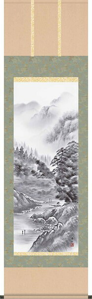 【お得クーポン配布中】 掛軸/山水画/水墨山水/紫山憧憬/鈴村秀山/三美会/洛彩緞子本表装/尺五サイズ幅54.5cm/桐箱畳紙収納/表装品質十年保証