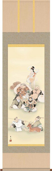 【お得クーポン配布中】掛軸/慶祝・縁起画/七福神/七福神/榎本東山/竹翠会/洛彩緞子本表装/尺五サイズ幅54.5cm/桐箱畳紙収納/表装品質十年保証｜プルメリアガーデン