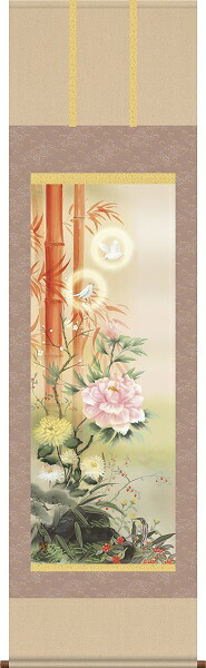 【お得クーポン配布中】掛軸/開運画/開運花鳥/吉祥百花繚乱図/片山観雪/曉山会/洛彩緞子本表装/尺五サイズ幅54.5cm/桐箱畳紙収納/表装品質十年保証|プルメリアガーデン