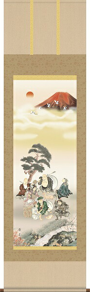 【お得クーポン配布中】掛軸/開運画/開運七福神七福神万笑之図/鵜飼雄平/竹翠会洛彩緞子本表装/尺五サイズ幅54.5cm/桐箱畳紙収納/表装品質十年保証｜プルメリアガーデン 10,286円