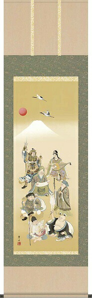 【お得クーポン配布中】掛軸/慶祝・縁起画/七福神/七福神/ 緒方葉水/清瀧会/洛彩緞子本表装/尺五サイズ幅54.5cm/桐箱畳紙収納/表装品質十年保証｜プルメリアガーデン
