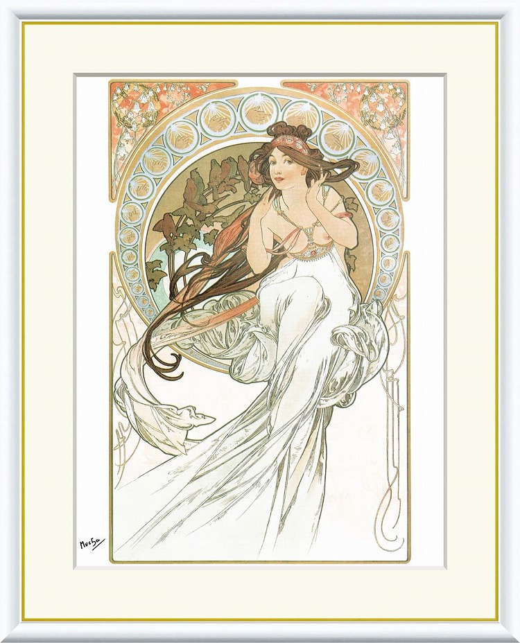 【お得クーポン配布中】世界の名画芸術:音楽 ミュシャF8 61×49.5cm手彩仕上 高精細巧芸美術画インテリア 額入り 額装込 アート ギフト 巣ごもり 油絵|プルメリアガーデン