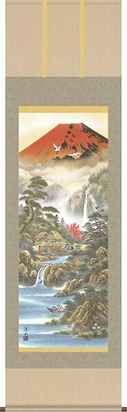 【お得クーポン配布中】掛軸/開運画/開運山水/招福赤富士来光図/宇崎洋山/幸洋会/洛彩緞子本表装/尺五サイズ幅54.5cm/桐箱畳紙収納/表装品質十年保証｜プルメリアガーデン 9,869円