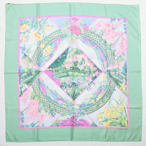 極美品 エルメス Hermes スカーフ カレ90 シルク Giverny 庭 花柄 庭園 フラワー バンダナ 大判 ショール レディース メンズ ユニセックス 緑色 グリーン ピンク マルチカラー 中古 R Andapt Com
