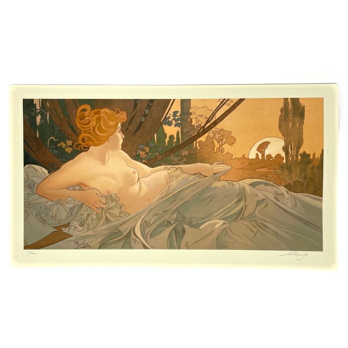 アルフォンス・ミュシャ 黄昏 シルクスクリーン 版画 壁画 アート インテリア 壁掛け ヴィンテージ 新品同様 中古 mah12018｜p.o.s.h. Online Store 店 21,456円