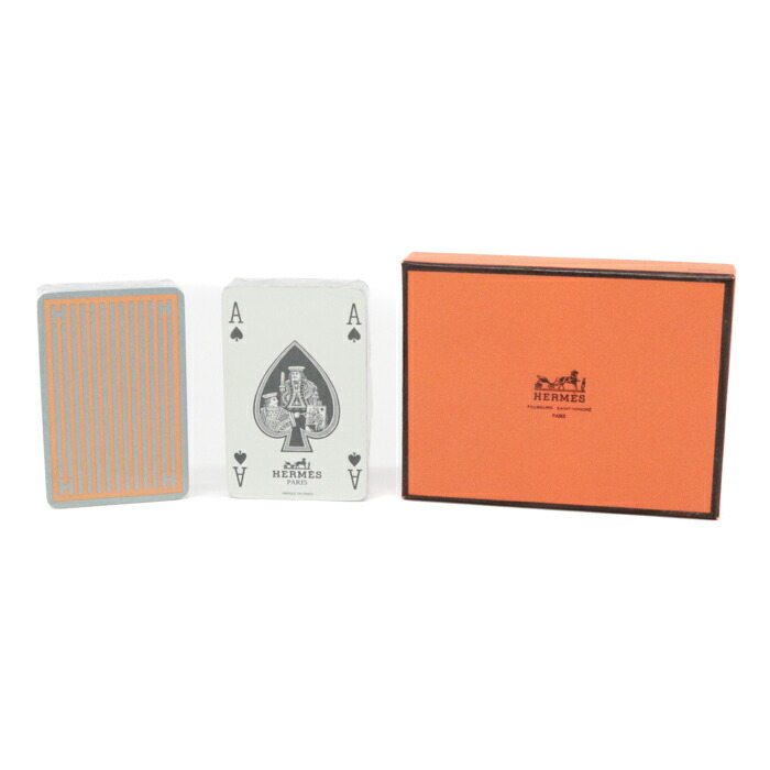 【Nランク】 エルメス HERMES トランプ 2個セット ペーパー ストライプ H柄 カードゲーム タロット 小物 箱 バラエティーグッズ ユニセックス メンズ レディース ホワイト / ブラック / シルバー 未使用・展示品 中古 mbf02003