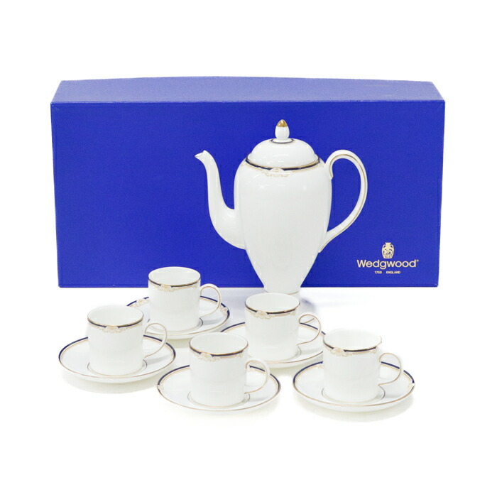 【SA価値づける】 ウェッジウッド WEDGWOOD キャベンディッシュ / CAVENDISH デミタスカップ ＆ 平円盤 5客 ティーポット 仕掛ける ボーンチャイナ (瀬戸もの) 優勝杯 水呑み ポット 皿 食器 ティーセット メンズ レディース 白いこと / 青色 / 金彩 極美品 中古 mbg28001