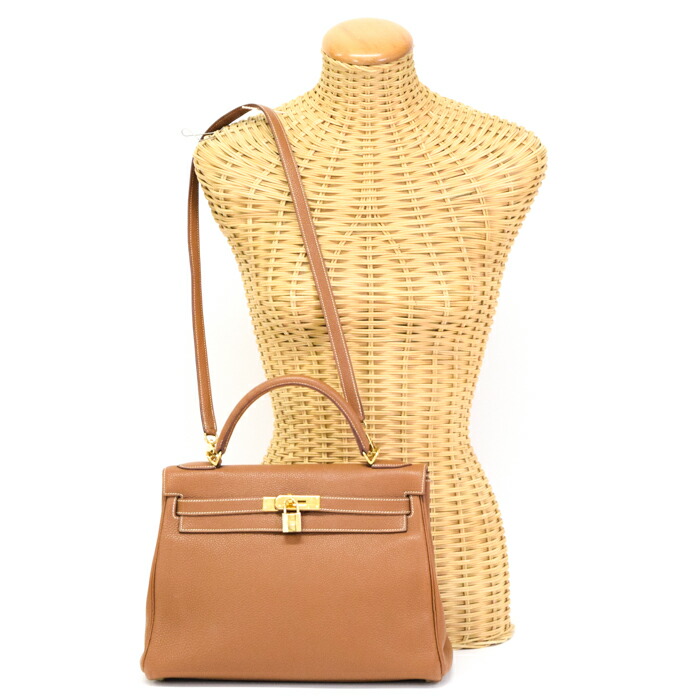 【ABランク】 エルメス HERMES ケリー32 内縫い トリヨンクレマンス (レザー) GD金具 □E刻印 2001年 ハンドバッグ 手提げかばん トップハンドルバッグ 2WAYバッグ 肩掛け ビジネスバッグ レディース ゴールド (ライトブラウン) 正規品 中古 mbj15007