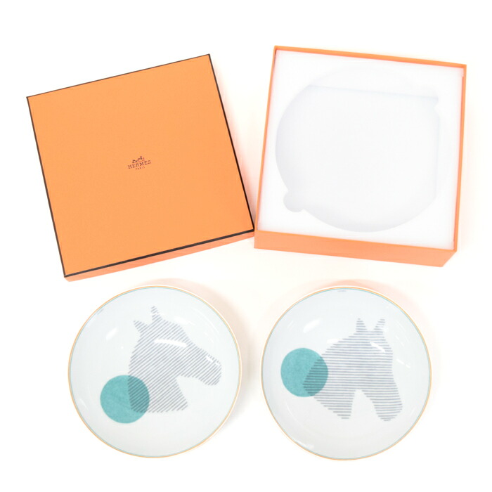 【Sランク】 エルメス HERMES シリアルプレート ソー・エルメス ポーセリン (陶磁器) シルクスクリーンプリント P055113P プレート 皿 食器 2点セット レディース メンズ ホワイト / オレンジ / グリーン 正規品 新品同様 中古 mbk05011