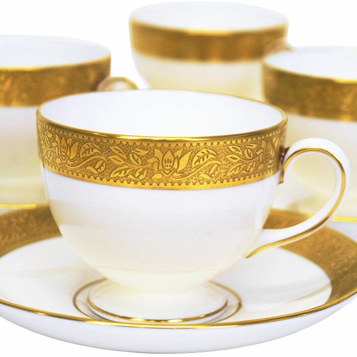 【AB位置づける】 ウェッジウッド WEDGWOOD アスコット (ASCOT) 珈琲優勝杯 \u0026 平円盤 5点 ボーンチャイナ (瀬戸もの) 金彩 連合王国製 廃盤品 黒壺 レディース メンズ 白いこと / ゴールド 定め事品 中古 mbm07015