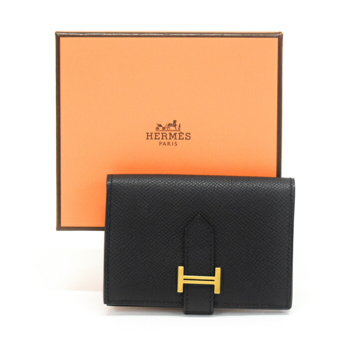 【AB位置づける】 エルメス HERMES ベアン 歌留多容れもの エプソン (なめし革) GD金具 W目じるし (2024年) 歌留多保持者 コインケース 二つ折り金入れ 小入れもの 名刺入れ H金具 レディース メンズ ノワール (黒いこと) 定め事品 中古 mbu13005