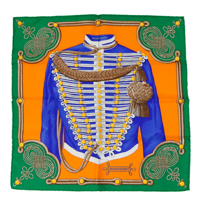 【S位置づける】 エルメス HERMES えり巻き カレ 45 ガヴロッシュ プチカレ 絹地 100% BRANDEBOURGS / ブランデンブルク飾り付け ミニえり巻き 馬 レディース メンズ エメラルド / オレンジ色 / 青色 定め事品 新品負けず劣らず 中古 mbw05007