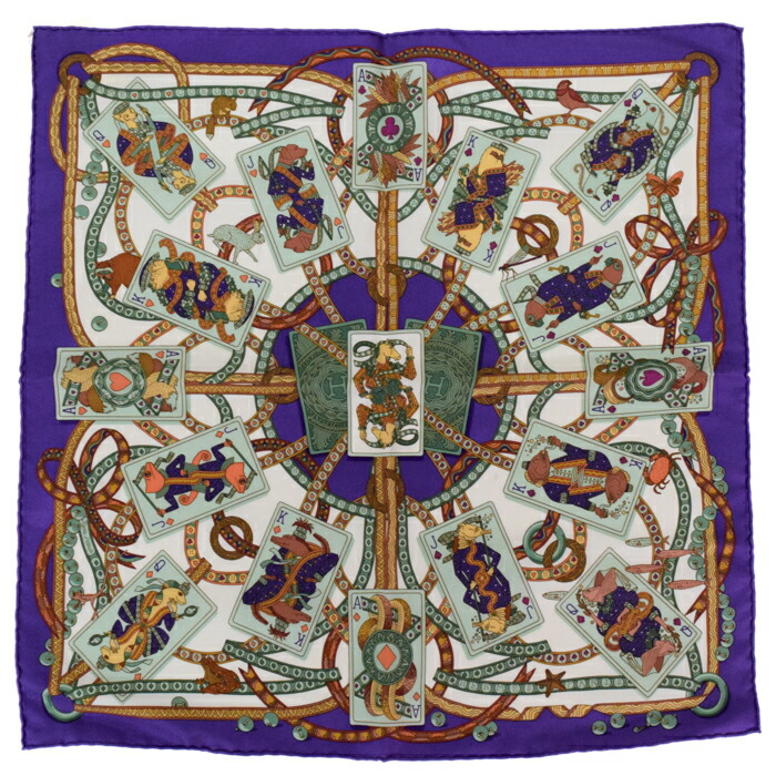 【SA位置づける】 エルメス HERMES えり巻き カレ 45 ガヴロッシュ プチカレ 地絹 100％ DAME DE COEUR A VOUS  L’HONNEUR / ハート型の皇后陛下 ミニえり巻き 相撲取り草 / 白いこと / 緑であること 定め事品 極美品 中古 mbx15004