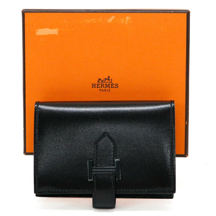 【SA価値づける】 エルメス HERMES ベアン ミニ ボックスカーフ (なめし革) 白黒 BK金具 B目じるし (2023年) 歌留多入れもの 名刺入れ 二つ折り札入れ コンパクトウォレット メンズ レディース ノワール (黒いこと) 置き目品 極美品 中古 mbx30003