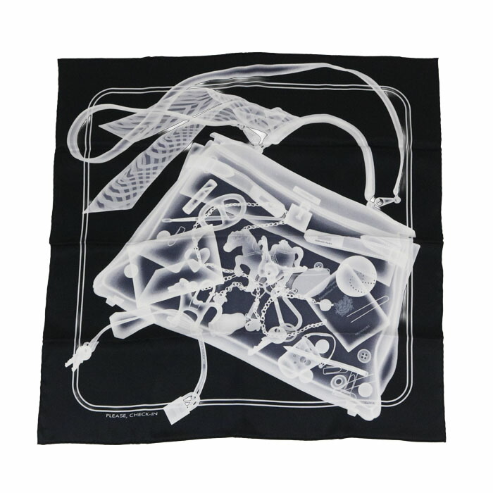【S序列付ける】 エルメス HERMES えり巻き カレ 70 絹地100％ PLEASE CHECK-IN / プリーズ チェックイン バンダナ 大判 膝掛け 馬 ケリー メンズ レディース ノワール (黒いこと) / ブラン (白いこと) 定まり品 新品負けず劣らず 中古 mbz07005