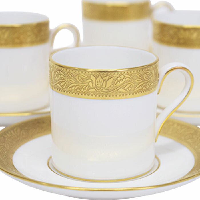 【AB位置づける】 ウェッジウッド WEDGWOOD アスコット (ASCOT) デミタスカップ \u0026 平円盤 6点 ボーンチャイナ (瀬戸もの) 金彩 連合王国製 廃盤品 黒壺 レディース メンズ 白いこと / ゴールド 定め事品 中古 mbm07016